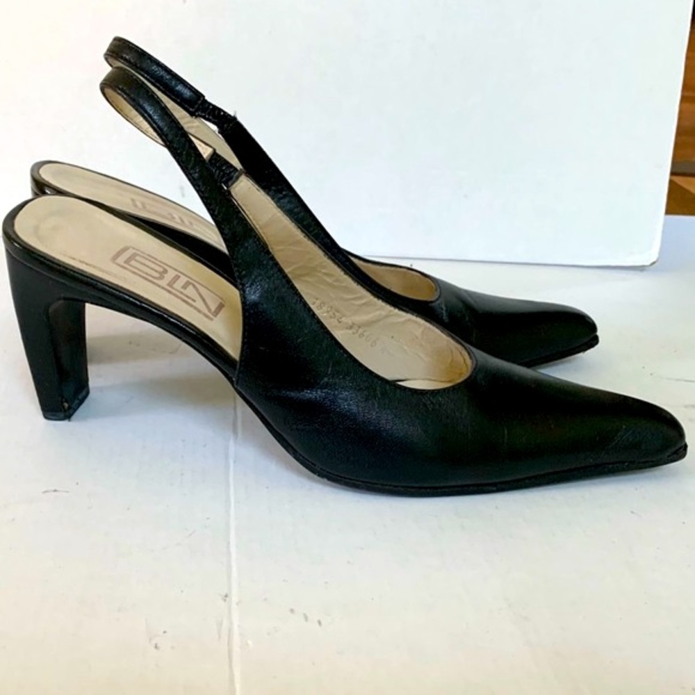 Black real leather slingback shoes with block heels long toe Eur 40 US 9.5 to 10